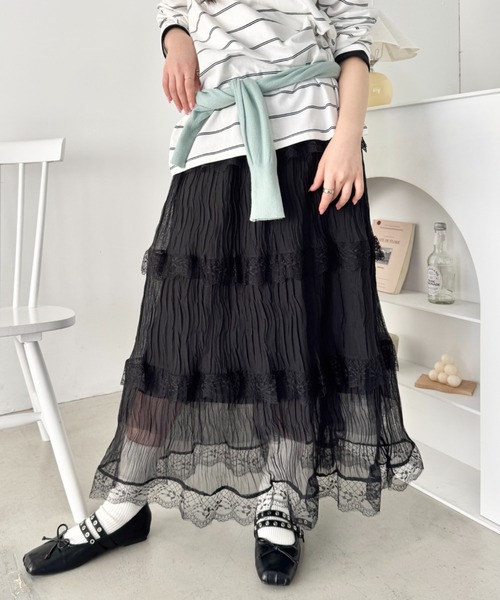 セール】ワッシャーチュールレースロングスカート（スカート）｜SOLLON