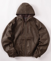 make a ray!（メイク ア レイ！）の「【82】ヴィンテージライク フェイクレザー フードブルゾン/古着風/アメカジ（ブルゾン）」