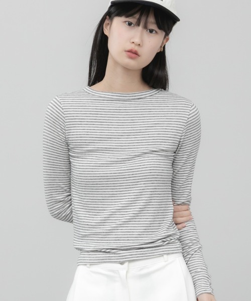 HEILIS(ヘイリス)の「スムースボーダーコンパクトロンT / コンパクト シンプル カジュアル フェミニン アイボリー ブラウン ブルー オフホワイト 白 黒 青 春服 夏服 秋服 長袖 トップス ノームコア シティガール 韓国 インナー ロンT レイヤード(Tシャツ/カットソー・レディース・ブルー/アイボリー/ブラウン・FREE)」の2枚目の写真