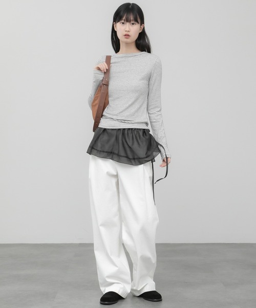 HEILIS(ヘイリス)の「スムースボーダーコンパクトロンT / コンパクト シンプル カジュアル フェミニン アイボリー ブラウン ブルー オフホワイト 白 黒 青 春服 夏服 秋服 長袖 トップス ノームコア シティガール 韓国 インナー ロンT レイヤード(Tシャツ/カットソー・レディース・ブルー/アイボリー/ブラウン・FREE)」の15枚目の写真