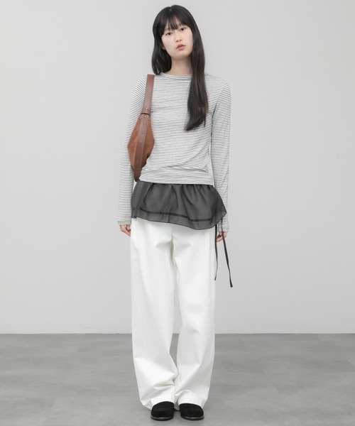 HEILIS(ヘイリス)の「スムースボーダーコンパクトロンT / コンパクト シンプル カジュアル フェミニン アイボリー ブラウン ブルー オフホワイト 白 黒 青 春服 夏服 秋服 長袖 トップス ノームコア シティガール 韓国 インナー ロンT レイヤード(Tシャツ/カットソー・レディース・ブルー/アイボリー/ブラウン・FREE)」の16枚目の写真