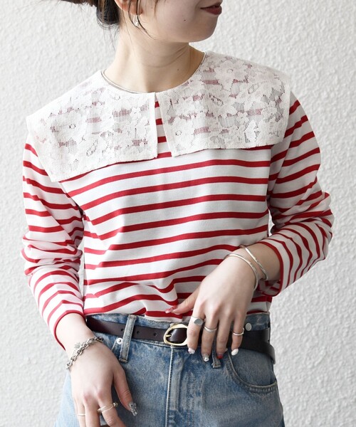 SHIPS any(シップス エニィ)の「SHIPS any:〈洗濯機可能〉マリンボーダー レース 襟 プルオーバー(Tシャツ/カットソー・レディース・ライトブルー/ネイビー/レッド・ONE SIZE)」の21枚目の写真
