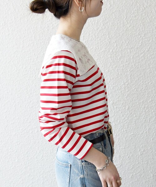 SHIPS any(シップス エニィ)の「SHIPS any:〈洗濯機可能〉マリンボーダー レース 襟 プルオーバー(Tシャツ/カットソー・レディース・ライトブルー/ネイビー/レッド・ONE SIZE)」の22枚目の写真