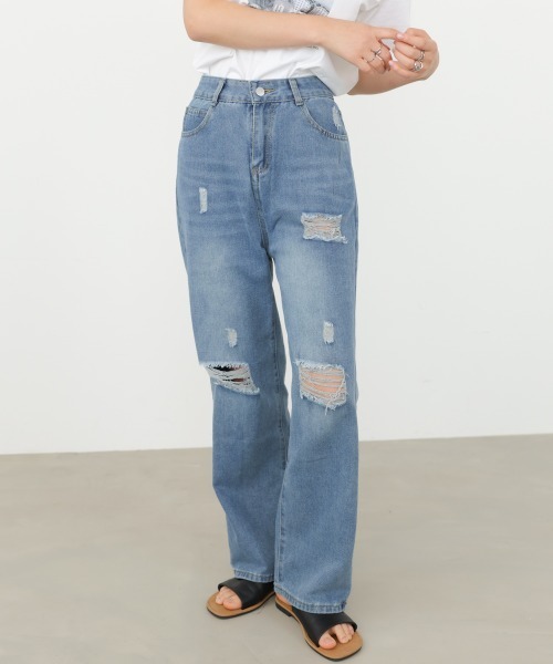 Bab（バブ）の「【サイズ展開あり】ストレートダメージデニムパンツ（デニムパンツ・レディース・ライトブルー・S/M/L）」の5枚目の写真