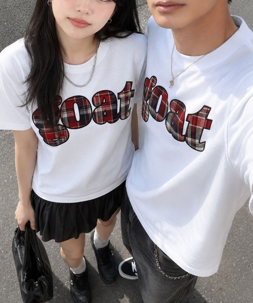 Salong hameu（サロン ハミュー）の「別注 リメイク風チェックアップリケロゴTシャツ/韓国ストリート/Y2K/古着ライク/ユニセックス/Sサイズから展開（Tシャツ/カットソー・メンズ・ホワイト系その他/カモフラージュ/ホワイト×レッド/ブラック系その他/ブラック×イエロー/ホワイト×グリーン・M/S/L）」の2枚目の写真