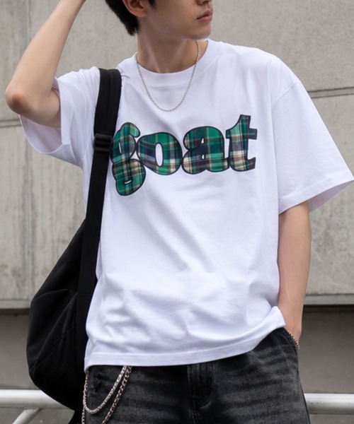 Salong hameu（サロン ハミュー）の「別注 リメイク風チェックアップリケロゴTシャツ/韓国ストリート/Y2K/古着ライク/ユニセックス/Sサイズから展開（Tシャツ/カットソー・メンズ・ホワイト系その他/カモフラージュ/ホワイト×レッド/ブラック系その他/ブラック×イエロー/ホワイト×グリーン・M/S/L）」の3枚目の写真