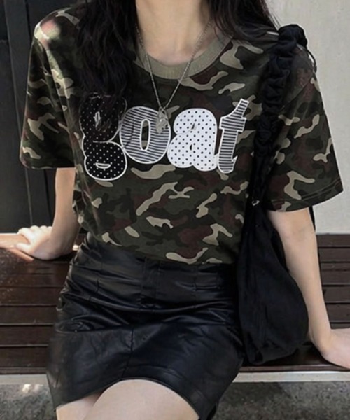 Salong hameu（サロン ハミュー）の「別注 リメイク風チェックアップリケロゴTシャツ/韓国ストリート/Y2K/古着ライク/ユニセックス/Sサイズから展開（Tシャツ/カットソー・メンズ・ホワイト系その他/カモフラージュ/ホワイト×レッド/ブラック系その他/ブラック×イエロー/ホワイト×グリーン・M/S/L）」の6枚目の写真
