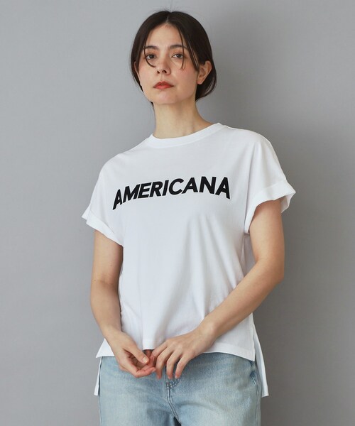 AMERICANA（アメリカーナ）の「Americana（アメリカーナ）【別注】 接触冷感 袖ロールアップ ロゴTシャツ（Tシャツ/カットソー・レディース・ブラック/ホワイト/ライトイエロー系・00）」の4枚目の写真