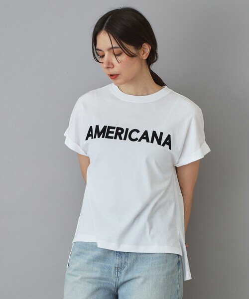 AMERICANA（アメリカーナ）の「Americana（アメリカーナ）【別注】 接触冷感 袖ロールアップ ロゴTシャツ（Tシャツ/カットソー・レディース・ブラック/ホワイト/ライトイエロー系・00）」の5枚目の写真
