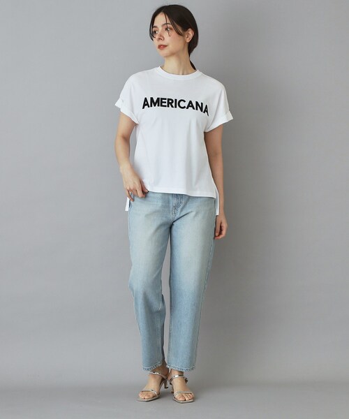 AMERICANA（アメリカーナ）の「Americana（アメリカーナ）【別注】 接触冷感 袖ロールアップ ロゴTシャツ（Tシャツ/カットソー・レディース・ブラック/ホワイト/ライトイエロー系・00）」の6枚目の写真