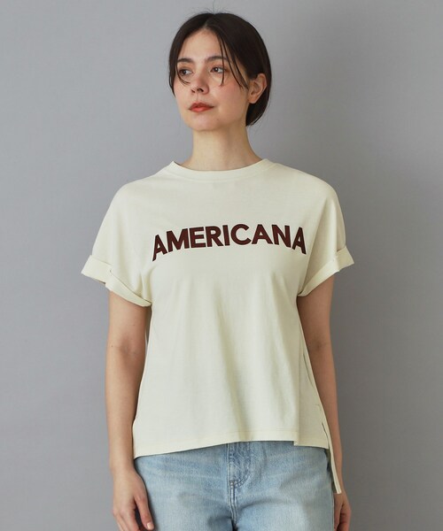 AMERICANA（アメリカーナ）の「Americana（アメリカーナ）【別注】 接触冷感 袖ロールアップ ロゴTシャツ（Tシャツ/カットソー・レディース・ブラック/ホワイト/ライトイエロー系・00）」の7枚目の写真