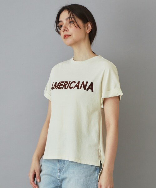 AMERICANA（アメリカーナ）の「Americana（アメリカーナ）【別注】 接触冷感 袖ロールアップ ロゴTシャツ（Tシャツ/カットソー・レディース・ブラック/ホワイト/ライトイエロー系・00）」の9枚目の写真