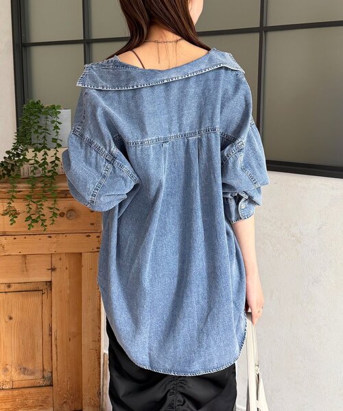 Thevon(ゼボン)の「両ポケ前後差デニムシャツ(シャツ/ブラウス・レディース・ネイビー/ブルー/ブラック・FREE)」の3枚目の写真