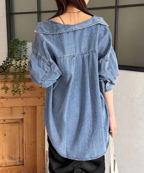 Thevon(ゼボン)の「両ポケ前後差デニムシャツ(シャツ/ブラウス・レディース・ネイビー/ブルー/ブラック・FREE)」の14枚目の写真