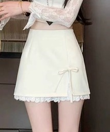 【Mellfy】裾レース 台形 サイドリボン スリット ミニ スカート