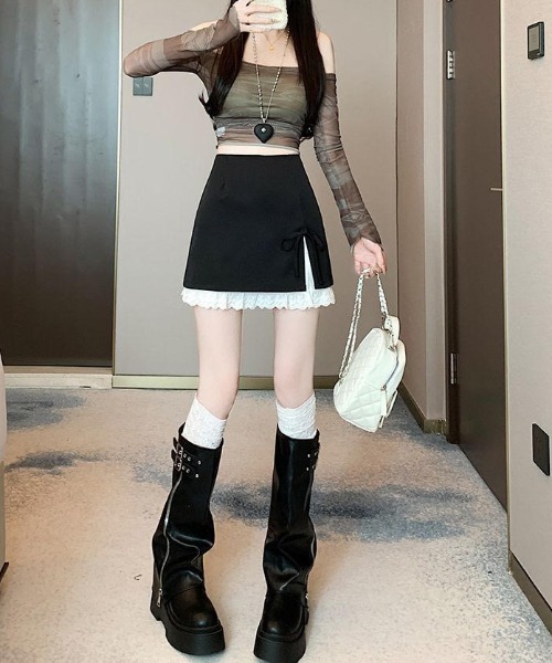 Ada.(エイダ)の「【Mellfy】裾レース 台形 サイドリボン スリット ミニ スカート(スカート・レディース・グレー/ブラック/アイボリー・M/S)」の9枚目の写真