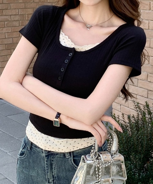 Teem Store(チームストア)の「フェイクレイヤードフラワーレースヘンリーネックピチT(Tシャツ/カットソー・レディース・ネイビー/ピンク/アイボリー/サックスブルー・F)」の7枚目の写真