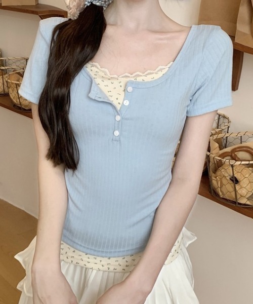 Teem Store(チームストア)の「フェイクレイヤードフラワーレースヘンリーネックピチT(Tシャツ/カットソー・レディース・ネイビー/ピンク/アイボリー/サックスブルー・F)」の21枚目の写真