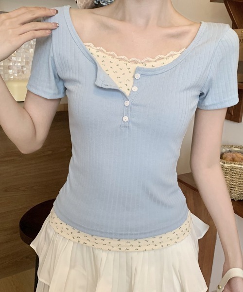 Teem Store(チームストア)の「フェイクレイヤードフラワーレースヘンリーネックピチT(Tシャツ/カットソー・レディース・ネイビー/ピンク/アイボリー/サックスブルー・F)」の21枚目の写真