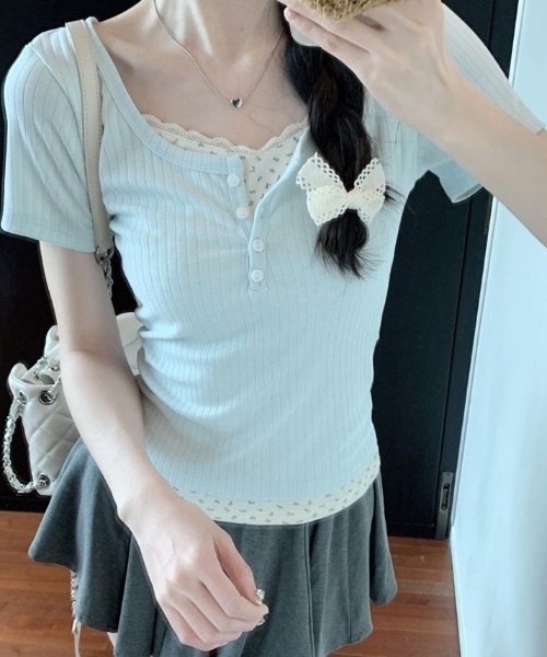 Teem Store(チームストア)の「フェイクレイヤードフラワーレースヘンリーネックピチT(Tシャツ/カットソー・レディース・ネイビー/ピンク/アイボリー/サックスブルー・F)」の18枚目の写真
