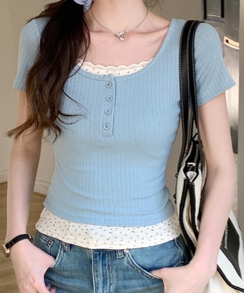 Teem Store(チームストア)の「フェイクレイヤードフラワーレースヘンリーネックピチT(Tシャツ/カットソー・レディース・ネイビー/ピンク/アイボリー/サックスブルー・F)」の20枚目の写真