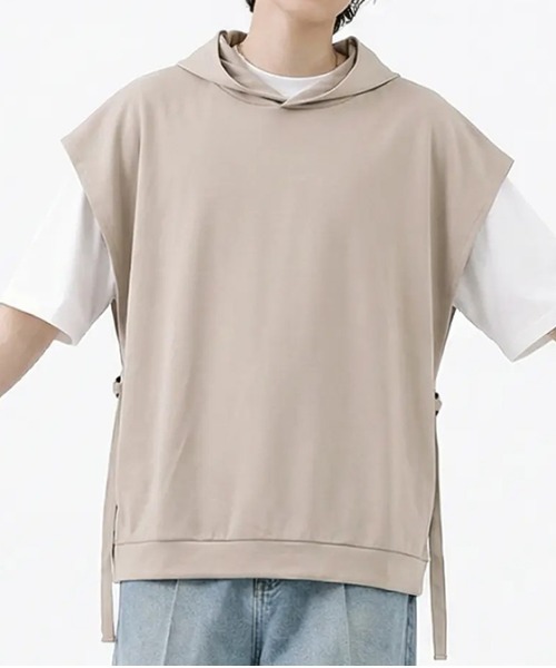 revertical(リバーティカル)の「サイドリボンデザイン フレンチスリーブフーディートップス(Tシャツ/カットソー・メンズ・ベージュ系/カーキ・LARGE/MEDIUM)」の2枚目の写真
