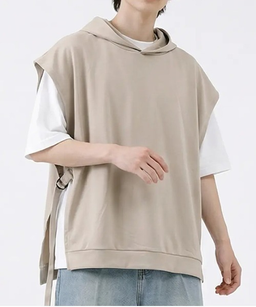 revertical(リバーティカル)の「サイドリボンデザイン フレンチスリーブフーディートップス(Tシャツ/カットソー・メンズ・ベージュ系/カーキ・LARGE/MEDIUM)」の4枚目の写真