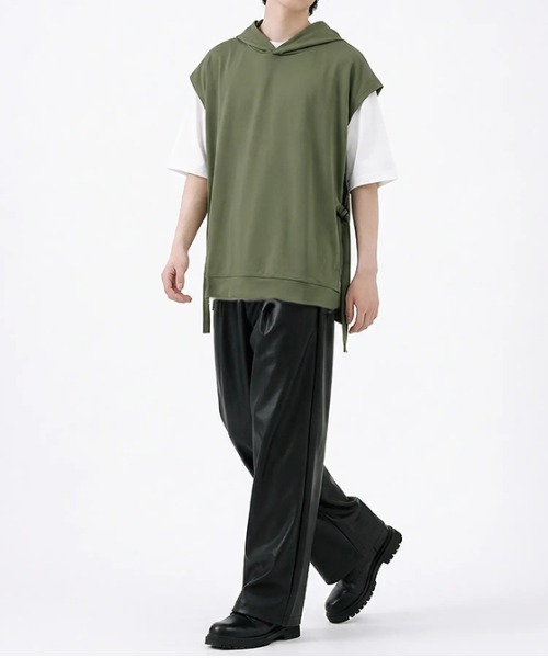 revertical(リバーティカル)の「サイドリボンデザイン フレンチスリーブフーディートップス(Tシャツ/カットソー・メンズ・ベージュ系/カーキ・LARGE/MEDIUM)」の10枚目の写真