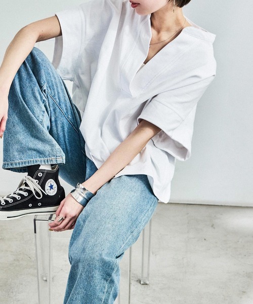 Fashion Letter(ファッションレター)の「接触冷感 スキッパーTシャツ(Tシャツ/カットソー・レディース・グレイッシュベージュ/ブラック/ホワイト/ミント・M)」の2枚目の写真