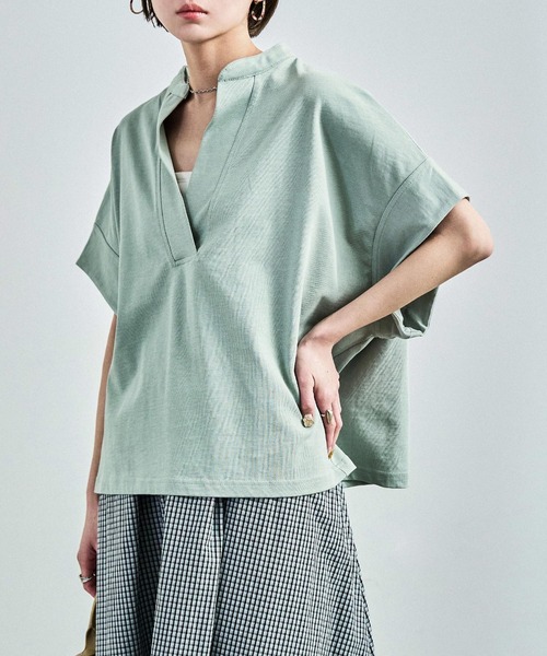 Fashion Letter(ファッションレター)の「接触冷感 スキッパーTシャツ(Tシャツ/カットソー・レディース・グレイッシュベージュ/ブラック/ホワイト/ミント・M)」の1枚目の写真