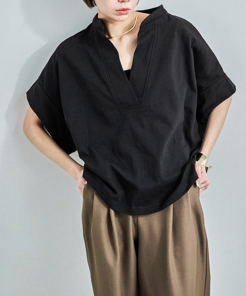 Fashion Letter(ファッションレター)の「接触冷感 スキッパーTシャツ(Tシャツ/カットソー・レディース・グレイッシュベージュ/ブラック/ホワイト/ミント・M)」の3枚目の写真