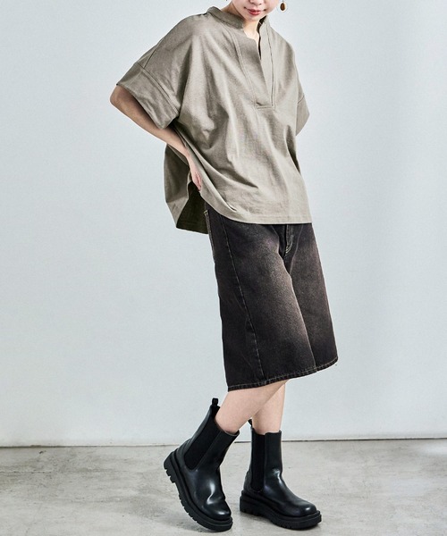 Fashion Letter(ファッションレター)の「接触冷感 スキッパーTシャツ(Tシャツ/カットソー・レディース・グレイッシュベージュ/ブラック/ホワイト/ミント・M)」の8枚目の写真