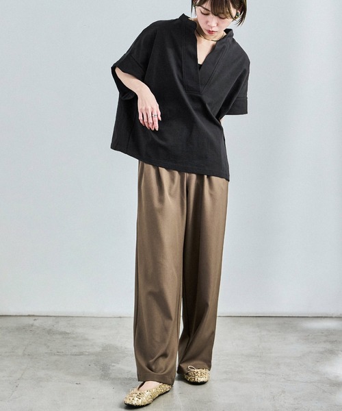 Fashion Letter(ファッションレター)の「接触冷感 スキッパーTシャツ(Tシャツ/カットソー・レディース・グレイッシュベージュ/ブラック/ホワイト/ミント・M)」の14枚目の写真