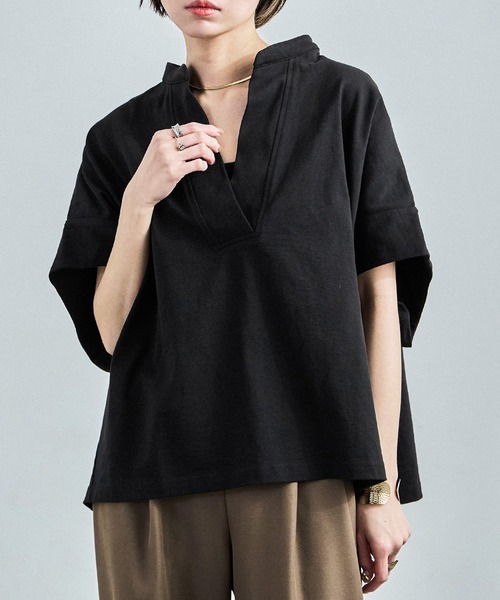 Fashion Letter(ファッションレター)の「接触冷感 スキッパーTシャツ(Tシャツ/カットソー・レディース・グレイッシュベージュ/ブラック/ホワイト/ミント・M)」の15枚目の写真