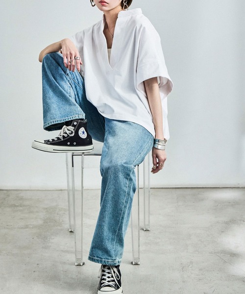 Fashion Letter(ファッションレター)の「接触冷感 スキッパーTシャツ(Tシャツ/カットソー・レディース・グレイッシュベージュ/ブラック/ホワイト/ミント・M)」の20枚目の写真
