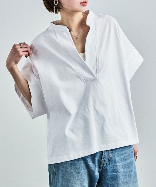 Fashion Letter(ファッションレター)の「接触冷感 スキッパーTシャツ(Tシャツ/カットソー・レディース・グレイッシュベージュ/ブラック/ホワイト/ミント・M)」の21枚目の写真