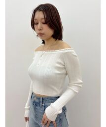 レーストリミングオフショルニットトップス 春服