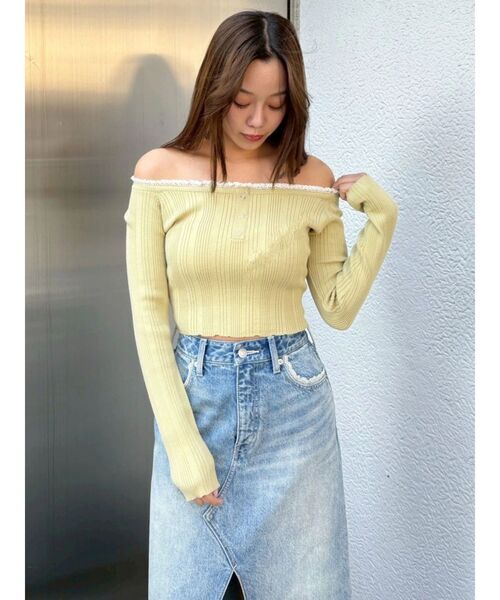 EVRIS（エヴリス）の「レーストリミングオフショルニットトップス 春服（ニット/セーター・レディース・ブラック/ホワイト/イエロー・FREE）」の16枚目の写真
