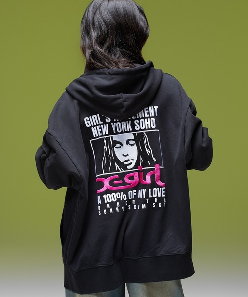 X-girl（エックスガール）の「FACE BOX AND MESSAGE ZIP UP SWEAT HOODIE（パーカー・レディース・ブラック/アッシュ/オリーブ・M/S）」の2枚目の写真