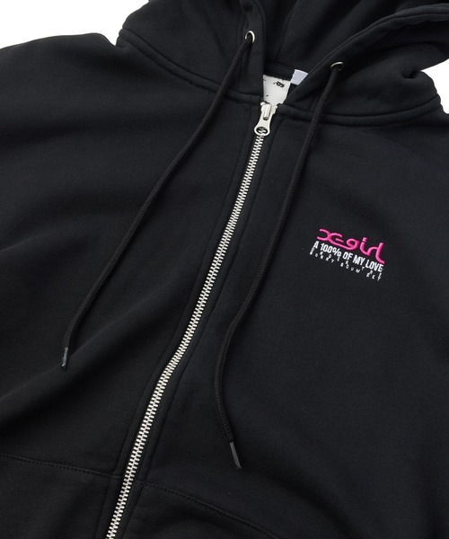 X-girl（エックスガール）の「FACE BOX AND MESSAGE ZIP UP SWEAT HOODIE（パーカー・レディース・ブラック/アッシュ/オリーブ・M/S）」の8枚目の写真
