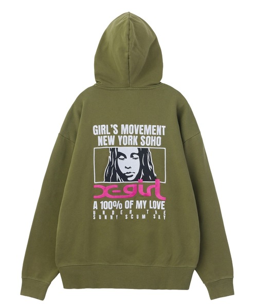 X-girl（エックスガール）の「FACE BOX AND MESSAGE ZIP UP SWEAT HOODIE（パーカー・レディース・ブラック/アッシュ/オリーブ・M/S）」の4枚目の写真