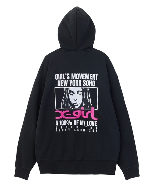X-girl（エックスガール）の「FACE BOX AND MESSAGE ZIP UP SWEAT HOODIE（パーカー・レディース・ブラック/アッシュ/オリーブ・M/S）」の5枚目の写真