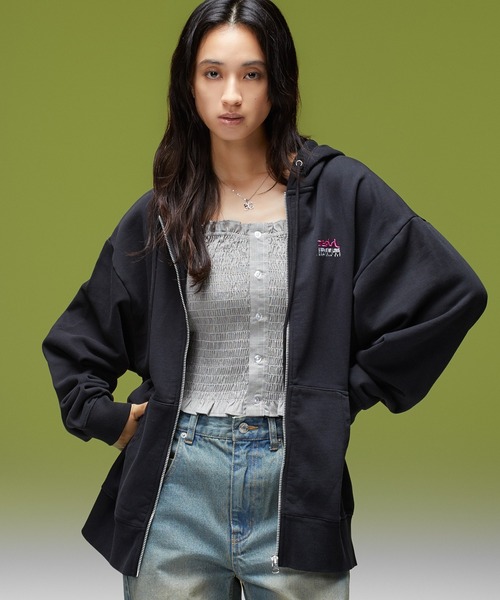 X-girl（エックスガール）の「FACE BOX AND MESSAGE ZIP UP SWEAT HOODIE（パーカー・レディース・ブラック/アッシュ/オリーブ・M/S）」の19枚目の写真