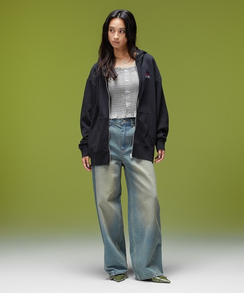 X-girl（エックスガール）の「FACE BOX AND MESSAGE ZIP UP SWEAT HOODIE（パーカー・レディース・ブラック/アッシュ/オリーブ・M/S）」の20枚目の写真