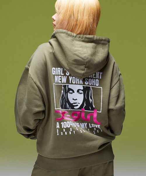 X-girl（エックスガール）の「FACE BOX AND MESSAGE ZIP UP SWEAT HOODIE（パーカー・レディース・ブラック/アッシュ/オリーブ・M/S）」の22枚目の写真