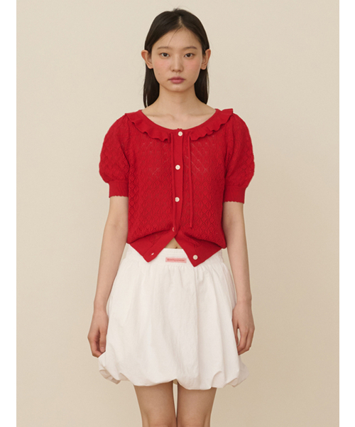 OPENING SUNSHINE(オープニングサンシャイン)の「ラッフルカラークロップニットカーディガン_レッド(カーディガン/ボレロ・レディース・その他・FREE)」の4枚目の写真