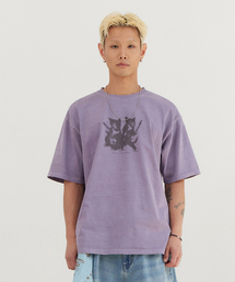 ピグメントキャットグラフィック半袖Tシャツパープル