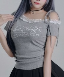 Y2Kバレエコア襟レース オフショルダー ロゴTシャツ / アシンメトリー