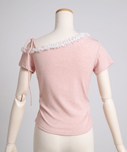 Diable baiser（ディアブルベーゼ）の「Y2Kバレエコア襟レース オフショルダー ロゴTシャツ / アシンメトリー（Tシャツ/カットソー・レディース・ベビーピンク/グレー・FREE）」の15枚目の写真