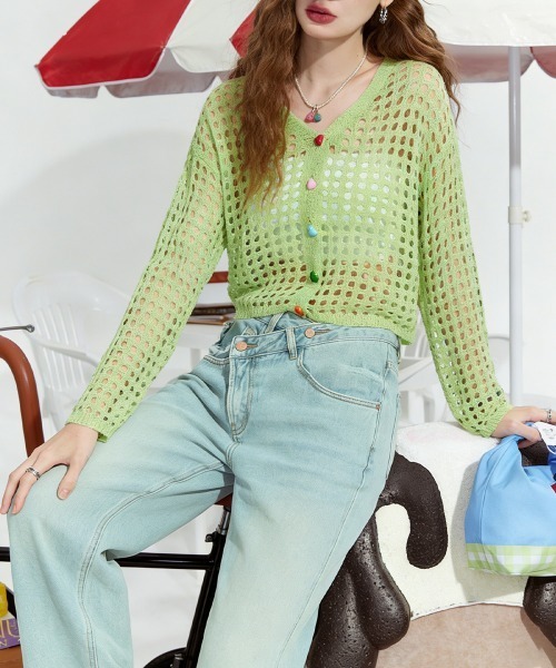 Miniministore(ミニミニストア)の「マルチボタン メッシュニットカーデ透け感(カーディガン/ボレロ・レディース・グリーン/ピンク/オフホワイト/グレー・FREE)」の16枚目の写真